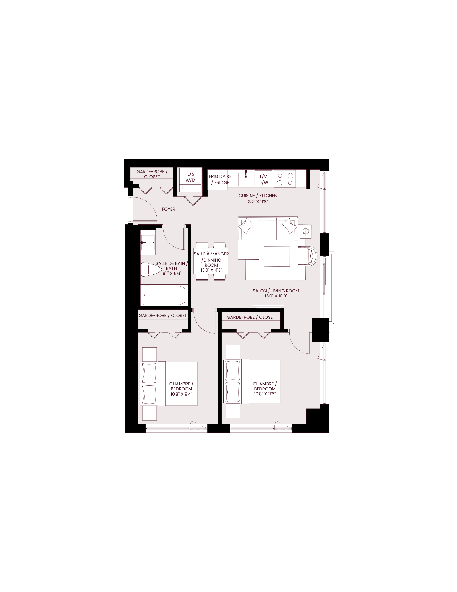 Floor plan for 2 beds, 1 bath, 730 sqft